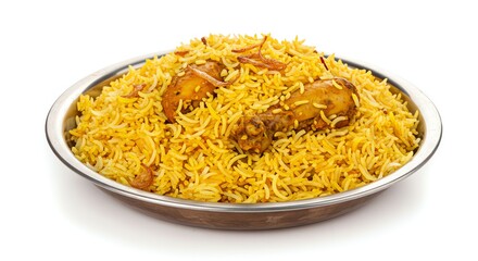 Bowl of Spiced Chicken Biryani with Yellow Rice and Aromatic Flavor
