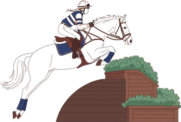 Equestrian rider and white horse gracefully jumping over an obstacle in a competition.