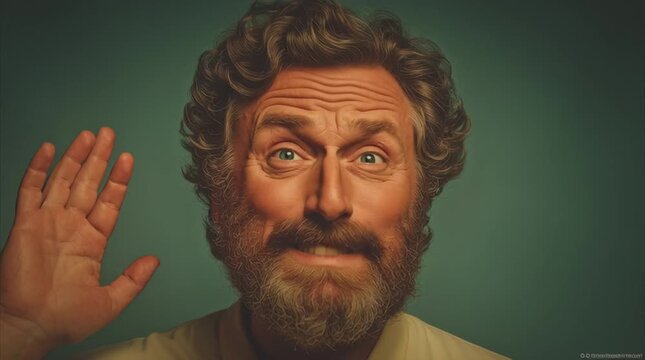 Surprised man portrait with curly beard, expressive surprised man face, emotional surprised man reaction in studio lighting, Emotional portrait photography showcasing surprise and curiosity