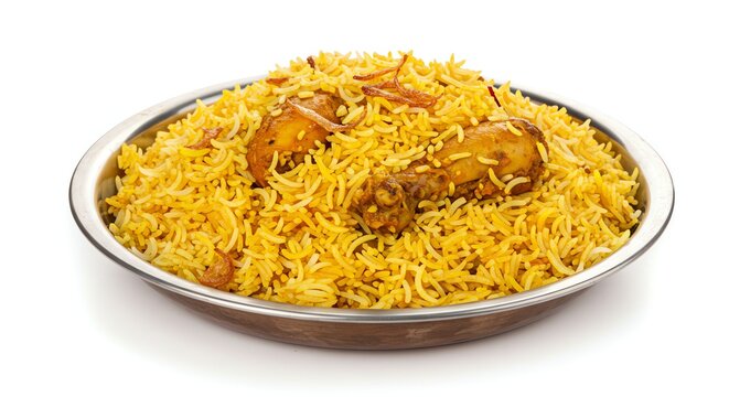 Bowl of Spiced Chicken Biryani with Yellow Rice and Aromatic Flavor - Powered by Adobe