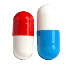 Two close-up capsules, one red/white, the other blue/white, isolated on black