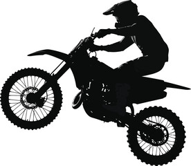 Dynamic silhouette of a motocross rider performing a jump against a white background, capturing the thrill of extreme sports.