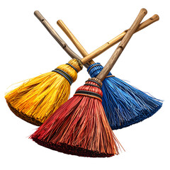 Close-up of three overlapping straw brooms, vibrant colors, wooden handles, detailed shadows
