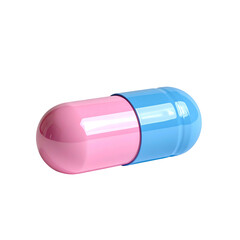 A single close-up of a colorful capsule medicine, pink and blue, on a black background
