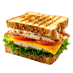 Grilled sandwich with multi-grain bread, filled with lettuce, meat, cheese, and tomatoes