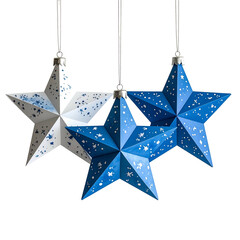 Three hanging star-shaped ornaments, two blue and one white, against a black background