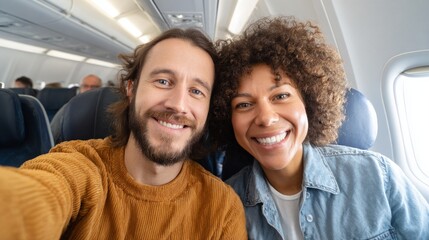 Couple posing for a selfie on an airplane.