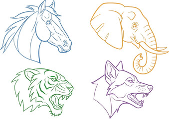 Dynamic animal head illustrations: horse, elephant, tiger, and wolf in outline style