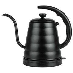 Sleek black gooseneck electric kettle with curved handle and a matte finish, isolated