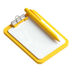 3D-rendered yellow clipboard with blank white paper and matching pen, against a black background