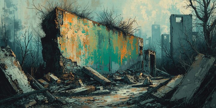 Gritty digital watercolor of a decaying urban landscape with a vibrantly painted, overgrown ruined wall amidst fallen debris and bare trees.