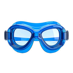 A close-up view of blue goggles, showing transparent lenses and adjustable strap, on black