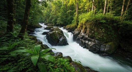 Emerald River Rapids: Lush Rainforest Cascade with Mossy Boulders and Silky Water