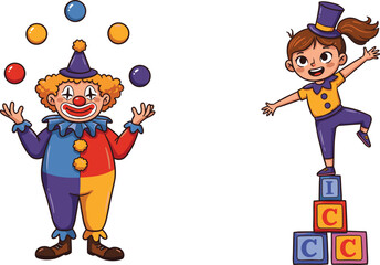circus, clown, juggling, performer, cartoon, child, blocks, balance, fun,