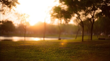 blurred. Tranquil park at sunset with warm golden hues, creating a peaceful natural landscape. inspiring travel planning, travel magazines, designed for travel destination branding.