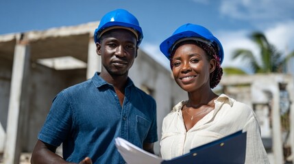 Man and woman standing next to each other in front of a building under construction.