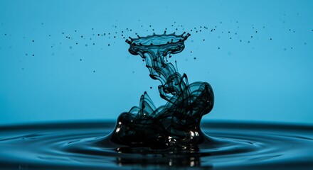 Abstract Black Ink Drop Falling in Blue Water Creating Splash