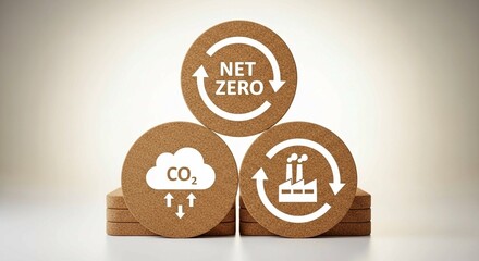 Cork coasters with net zero, CO2, and factory symbols — sustainable energy, carbon neutrality, and environmental responsibility concept.