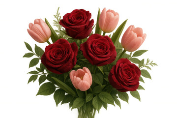 Beautiful bouquet featuring vibrant red roses and soft pink tulips, covered in delicate dew drops, conveying romance and freshness