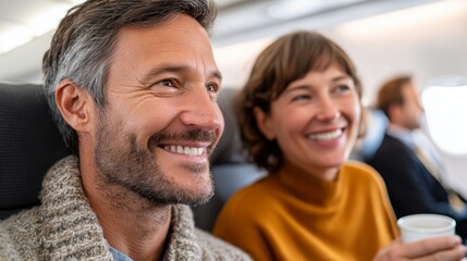 Obraz premium Couple sitting together on an airplane, smiling at the camera.