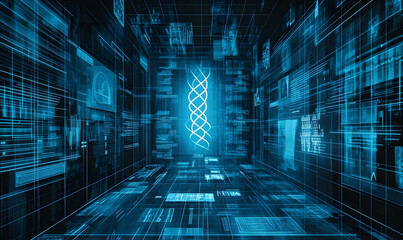 Glowing dna strand in futuristic digital data space