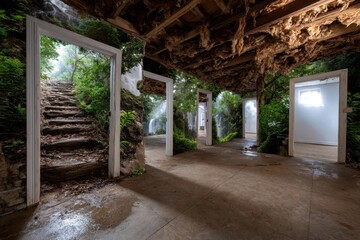 Naklejka premium Abandoned structure transformed with greenery and open doorways creates a surreal atmosphere