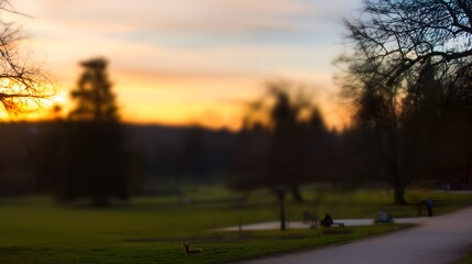 blurred. Tranquil park at sunset with warm golden hues, creating a peaceful natural landscape. inspiring travel planning, travel magazines, designed for travel destination branding.