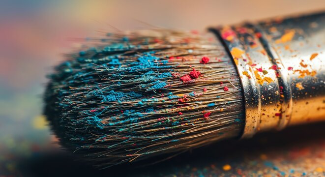 Close Up of Artistic Paintbrush with Blue and Red Paint on Bristles in Creative Studio