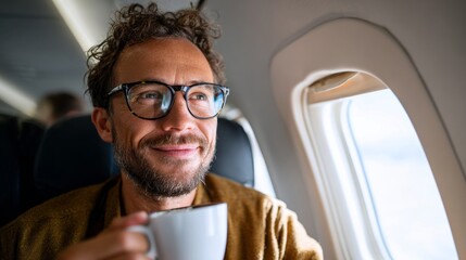 Man sitting on airplane with coffee cup.