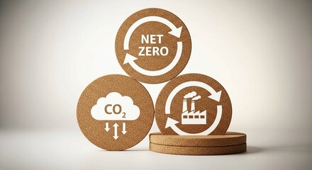 Cork coasters with net zero, CO2, and factory symbols — sustainable energy, carbon neutrality, and environmental responsibility concept.