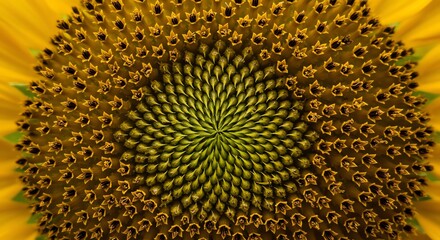 Close Up Sunflower Center with Bright Yellow Petals and Detailed Seed Pattern