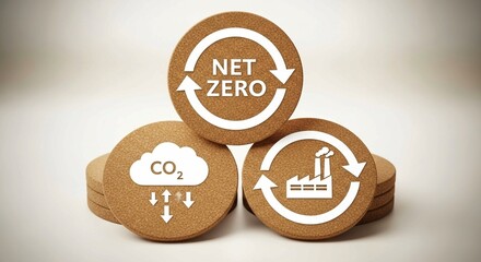 Cork coasters with net zero, CO2, and factory symbols — sustainable energy, carbon neutrality, and environmental responsibility concept.