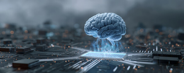 Holographic brain above microchip projecting network connections, futuristic artificial intelligence concept with glowing circuitry and digital
