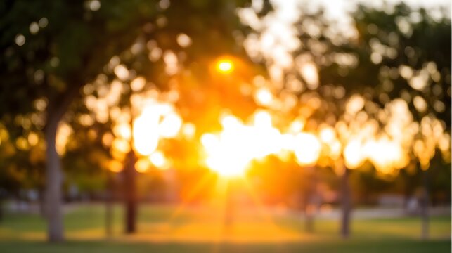 blurred. Tranquil park at sunset with warm golden hues, creating a peaceful natural landscape. inspiring travel planning, travel magazines, designed for travel destination branding.