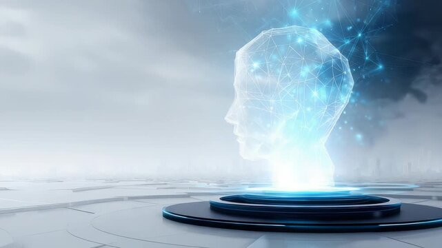 Futuristic digital human head made of glowing blue lines and polygons stands on a high tech platform in a virtual environment. Artificial intelligence and innovation concept