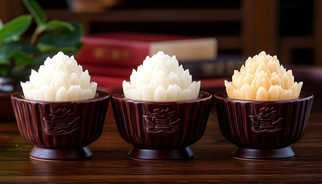 Ornate bowls with flower shaped objects close up view