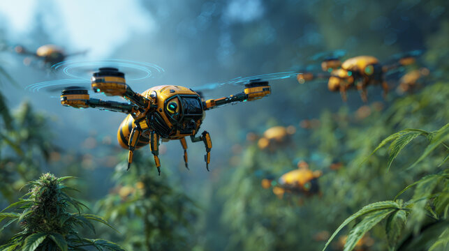 Yellow surveillance drone hovers above green cannabis plants misty outdoor garden, robotic inspection evokes quiet tension and futuristic
