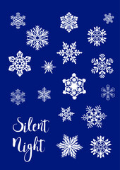 Silent night text with decorative white snowflakes on deep blue background for winter holiday greeting and seasonal celebration design