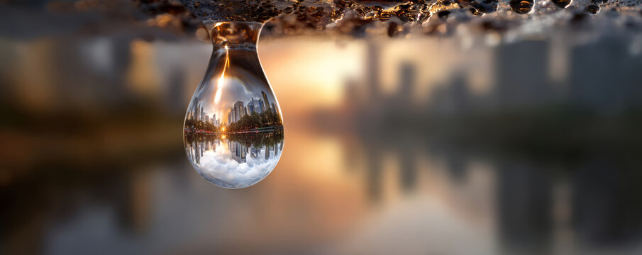 City skyline reflected in raindrop at sunrise showing calm water and blurred urban background with warm light - Powered by Adobe