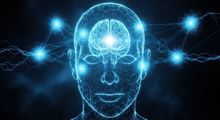 Human brain activity shown in bright blue light, depicting neuroscience in a digital representation. Brain activity is a complex neurological process displayed with neural networks,