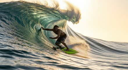 Man surfing wave during daytime, surfing wave in ocean with splash and sunlight. He is professional surfer in action, riding swell with balance. Man surfing wave is concept of recreation,