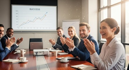 Business meeting in conference room with chart showing success, employees are clapping hands.