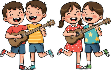 children, guitar, music, boy, girl, smile, fun, happy, play, teamwork, joy, costume, performance, friendship, 
