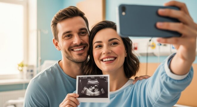Expecting parents capture moment with sonogram during pregnancy, smiling for selfie. Pregnancy is special time, expecting parents record every precious memory with happy sonogram in hand,