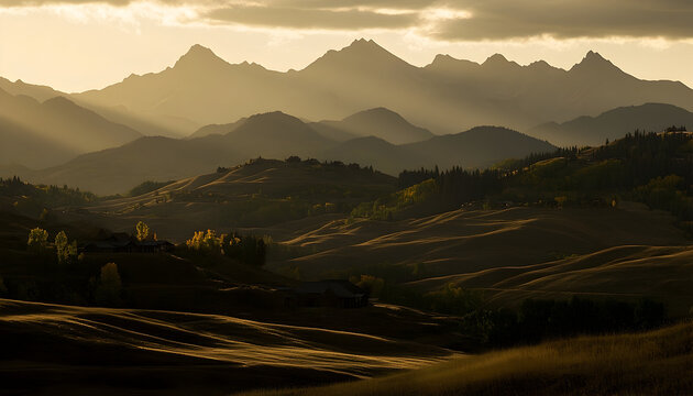 Majestic mountain range at sunset golden light and rolling hills panorama