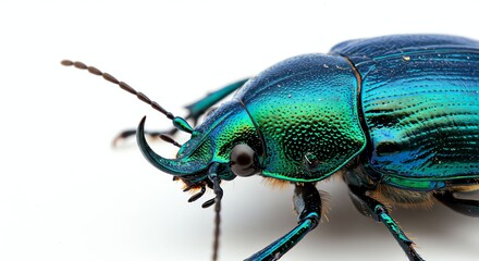 Naklejka premium Vivid Metallic Blue Green Beetle Close Up on White Background
