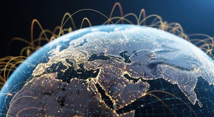 Global communications network connecting different cities and countries of world, visualizing connection lines and data flows. Worldwide network provides interconnected digital infrastructure.