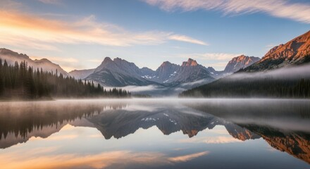 Majestic mountain lake with reflections mirroring serene peaks under dawn sky. Mountain lake calm waters mirror the surrounding nature, creating tranquil scene.