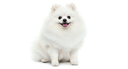 Obraz premium White Pomeranian Dog Sitting Cheerfully in Studio with Bright Lighting