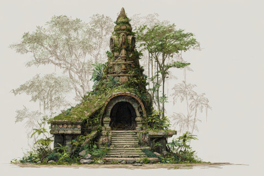 Overgrown stone temple entrance with moss covered steps, carved archway and tropical foliage surrounding ancient sanctuary